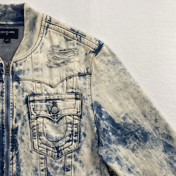 True Religion Jimmy Distressed Denim Acid Wash LS Bomber Jacket (White Tide) - Picture 9 of 16